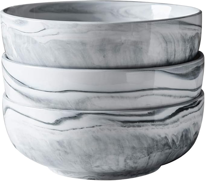 Yundu 56 OZ Gray Marble Porcelain Bowls, Popcorn Bowl, Fruit, Cereal, Pasta, Large, Soup, Serving, Pho Bowl Sets, Microwave and Dishwasher Safe Bowls For Kitchen, Set of 3