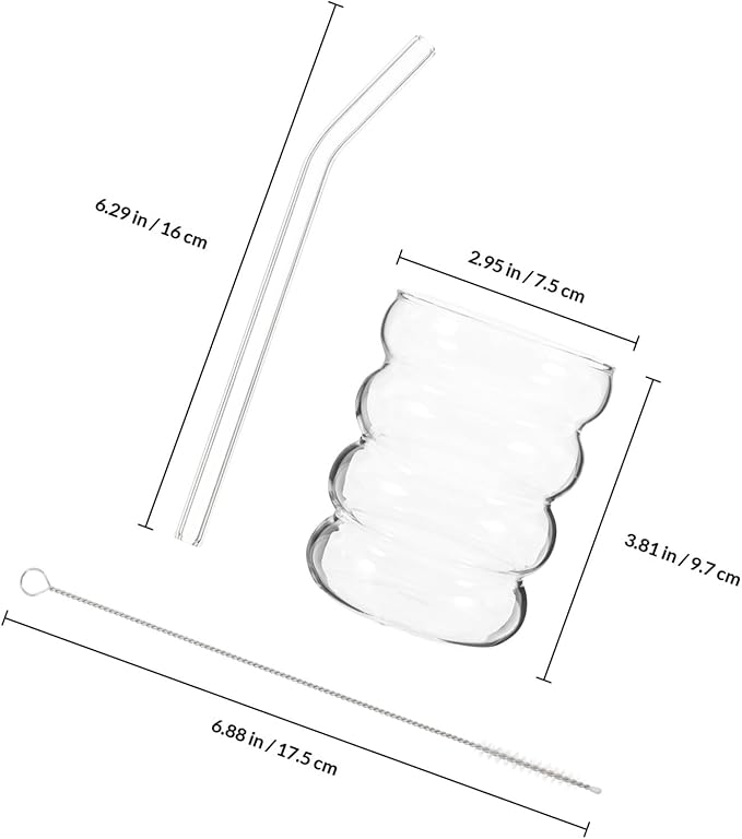 Glass Cup and Straw Set 300ml Ribbed Single-layer Glass Cups with Straws and Cleaning Brush, Juice Container and Coffee Glassware for Home Kitchen Dining, 9pcs Drinkware Set