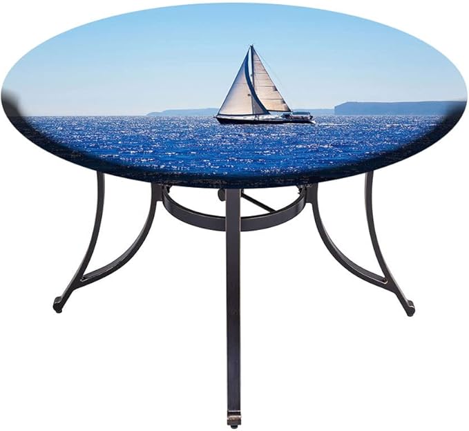 Small Round Tablecloth, Ocean Washable Polyester Table Cloth for, Blue Mediterranean Sailboat Sailing in Round Tables 61inch Diameter, for Dinner Kitchen Party Decoration, Blue