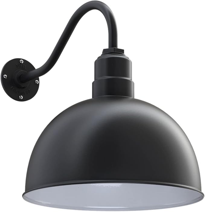 Steel Lighting Co. Hollywood Bowl Light | Outdoor Wall Mounted | 15 inch Bowl Dome | 16 inch Gooseneck | Barn Light Made in America | Matte Black Exterior/White Interior