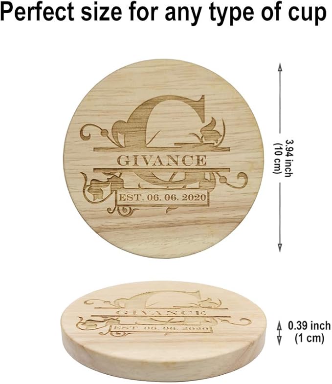 Personalized Wooden Coasters, Custom Engraved Monogram Coasters - Set of 6 (XL)