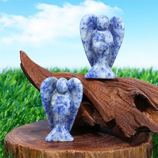 YATOJUZI 2" Blue Sodalite Angel Decors Natural Healing Crystals Polished Carved Gemstones Stones Hand Guardian Cute Sculpture Statue Reiki Energy Figurines Home Room Office Desk Decor Gifts for Women