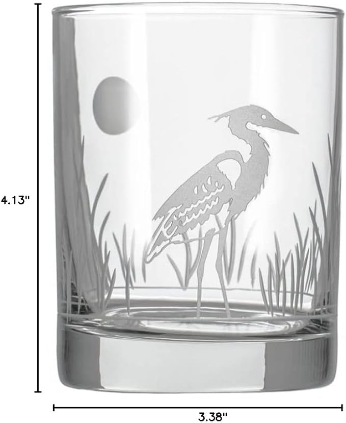 Rolf Glass Heron Double Old Fashioned Glass | 13oz Whiskey Glass | Lead-Free and Diamond-Wheel Engraved | Proudly Made in the USA | Coastal Glassware | Set of 4