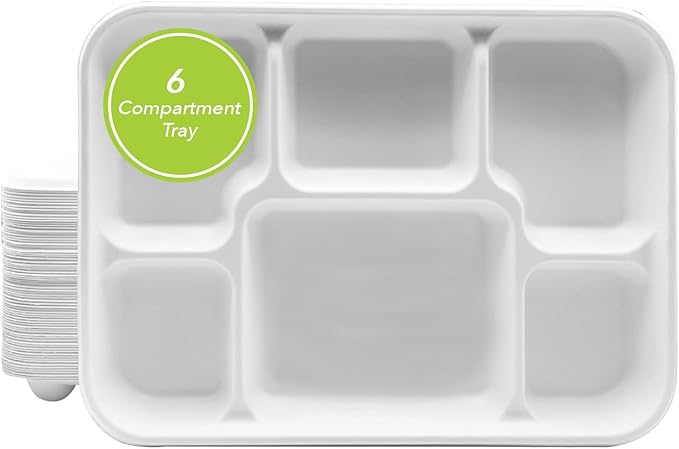 three leaf 6 Compartment Bagasse Tray 150 Ct. Heavy Duty, Super Strong,Eco Friendly Disposable Bagasse Plates,100% Biodegradable Plates, Microwave and Freezer Safe, Ideal for Party, Dinner and Picnic