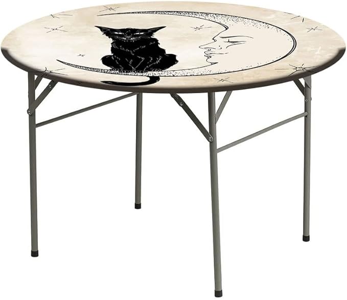Round Edge Closing Tablecloth, Moon Elastic Edged Tablecloth, Black Cat Sitting on White Crescent Moon, Fit Round Tables 39inch Diameter, for Dining Room/Party/Banquet Decoration, Sand Brown Black