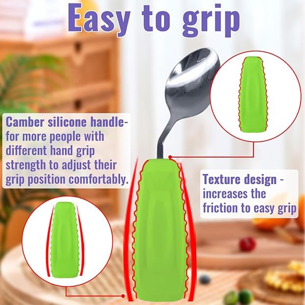 Adaptive Utensils Angled Spoon and Fork for Hand Tremors Parkinsons,Weighted Utensils with Non-Slip Easy Grip Handles for Independent Eating (1pcs Spoon+1pcs Fork=2 pcs,Green,Left Hand)