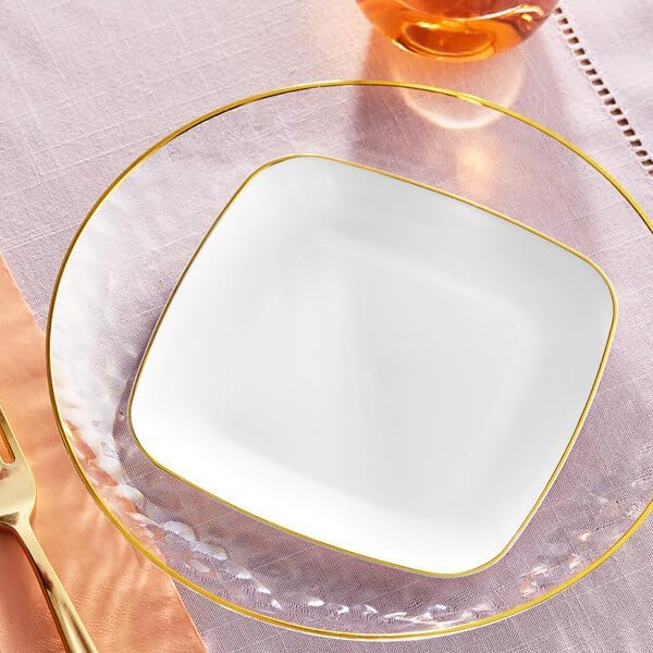 Coupe Dynasty White Square Plastic Plates with Gold Band, 6 Inch, BPA Free, Disposable, for Events and Weddings, 10 Count