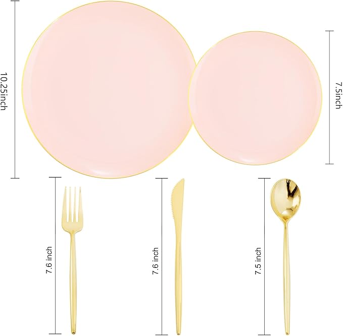 I00000 150 PCS Pink Plastic Plates for Party,Heavy Duty Pink Disposable Plates,Gold Dinnerware Set Include 30 Dinner Plates,30 Dessert Plates,30 Gold Plastic Silverware Set for Valentine's Day