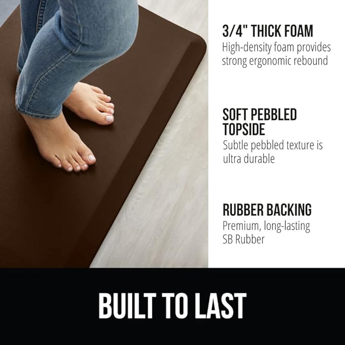 GORILLA GRIP Comfortable Cushioned Kitchen Mats for Floor, 48x20, Waterproof and Stain Resistant Soft Top, 3/4 Inch Thick Ergonomic Standing Desk Anti Fatigue Mat, Foam Supports Ankles and Feet, Brown