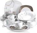 VEWEET 'Nikita' 30-Piece Dinner Set Ivory White Brown Lines Porcelain China Ceramic Combination Sets of Dessert Plates/Soup Plates/Dinner Plates/Cups/Saucers Service for 6