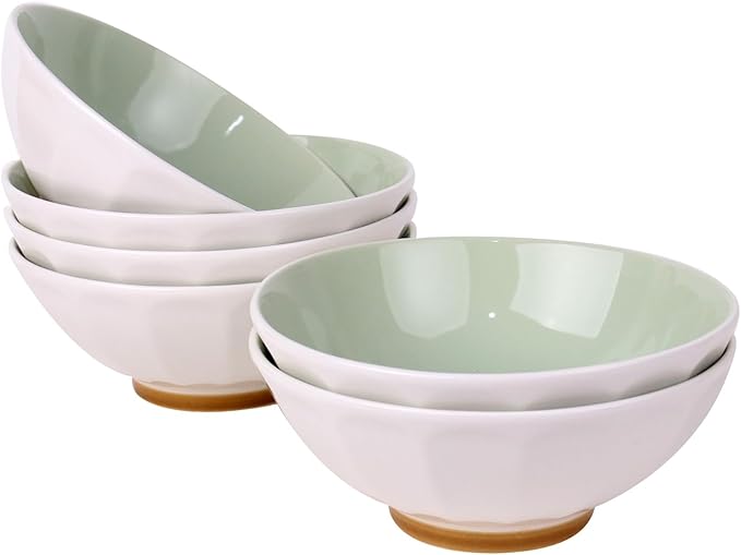Set of 6 Large Pasta Bowls 29 oz, Green Porcelain 7 inch, Microwave Oven Dishwasher Safe Scratch Resistant