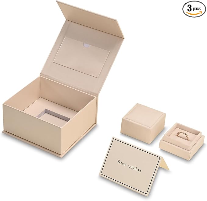 Oirlv Velvet Ring Gift Box with Exquisite Outer Packaging, Wedding Proposal Engagement Ring Box, Birthday Present Gift Box with Blank Greeting Card（White）