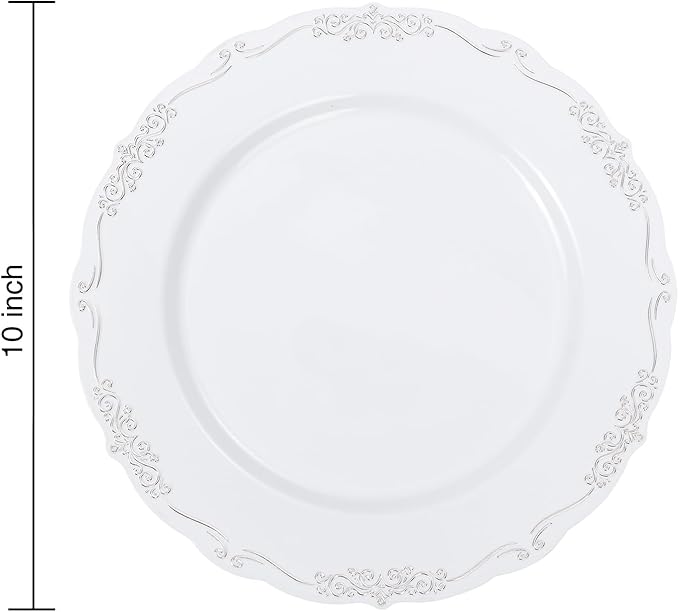 DaYammi 60PCS White and Silver Plastic Plates, Heavy Duty White and Silver Disposable Plates Premium 10inch White Dinner Plates Hard Plastic Plates Disposable for Party Wedding Bridal Shower