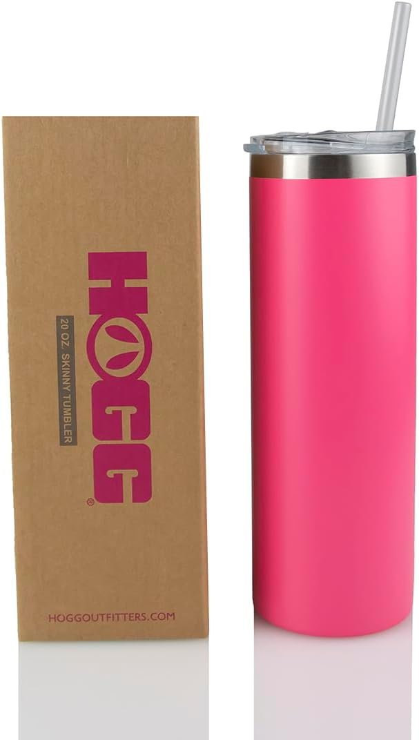 Hogg 20 oz Skinny Case (24 Units) - Pink, Powder Coated Tumblers for Laser Engraving, Engravable Tumblers Bulk, Stainless Steel Cups Bulk, Insulated Cups with Lids and Straws