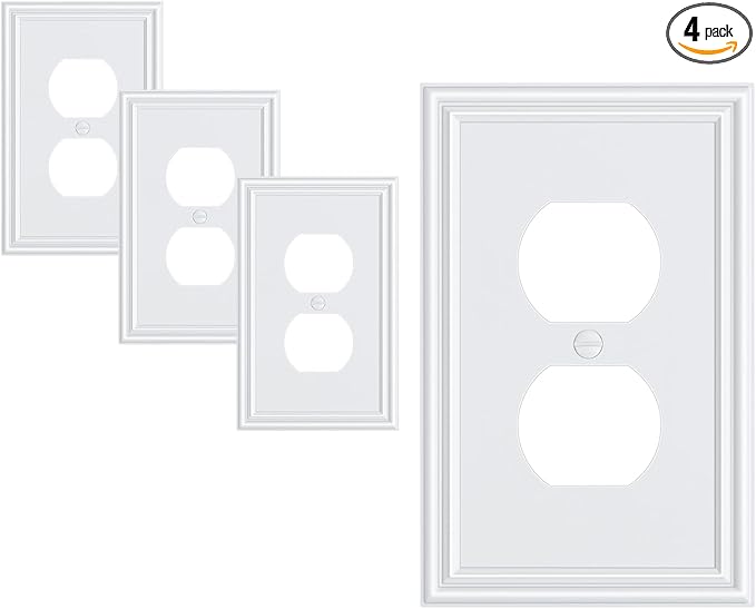 4-Pack Duplex Outlet Cover, Durable Solid Zinc Alloy Decorative Switch Plates and Outlet Covers, Pure White Wall Plates for Electrical Outlets, 1 Gang Receptacle Cover, Corrosion Resistant