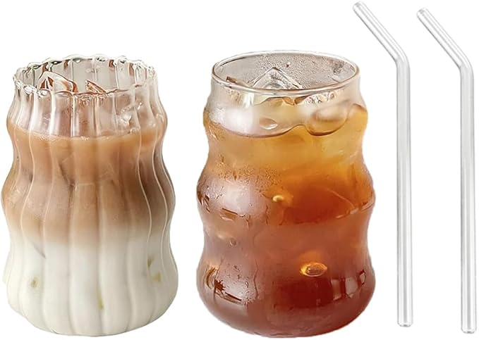 2 Pcs Ribbed Glass Cups, 18 Oz Vintage Drinking Glassware with Wave Shape Design, Bubble Cups for Iced Coffee, Juice, Beverage, Milk, Cocktails, Bubble Tea, and More