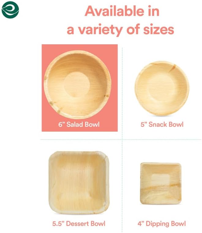 ECO SOUL 100% Compostable, Biodegradable, Disposable Palm Leaf Bowls,| pack of 100, Large 6 inch (16 Oz) | Round| Like Bamboo Bowls, Eco-friendly | Sturdy, Microwave & Oven Safe