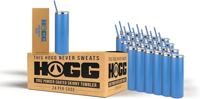 Hogg 20 oz Skinny Case (24 Units) - Steel Blue, Powder Coated Tumblers for Laser Engraving, Engravable Tumblers Bulk, Stainless Steel Cups Bulk, Insulated Cups with Lids and Straws
