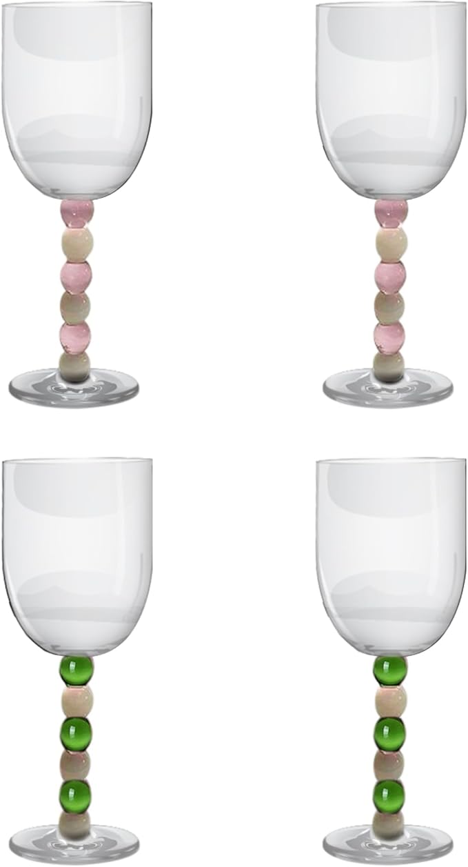 Gusto Buono 10.1oz Stemmed Wine Glass Set of 4 – Pink/White & Green/White Stem Handmade Glasses | Heat-Resistant, Dishwasher & Microwave Safe, Perfect for White & Red Wine, Dining, Parties, & Gifts
