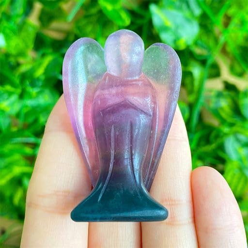 YATOJUZI 2" Fluorite Angel Decor Crystals Polished Natural Stone Sculpture Statue Home Room Office Desk Decoration Guardian Hand Carved Cute Figurines Energy Reiki Gifts for Women Men