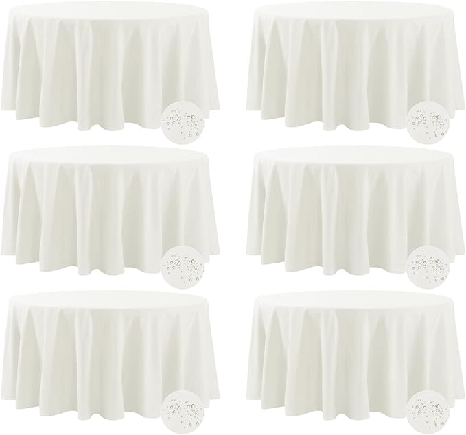 Fokitut 6 Pack Waterproof Round Tablecloth, 132 Inch, Stain Resistant and Wrinkle Polyester Table Cloth, Fabric Table Cover for Kitchen Dining, Wedding, Party, Holiday Dinner-Ivory