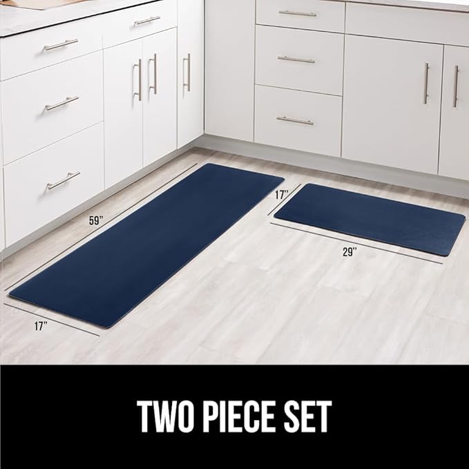 GORILLA GRIP 2 Pack Comfortable Cushioned Kitchen Mats for Floor, 17x29 + 17x59, Waterproof and Stain Resistant, 1/2 Inch Thick Soft Ergonomic Standing Desk Anti Fatigue Mat, Foam Supports Feet, Navy