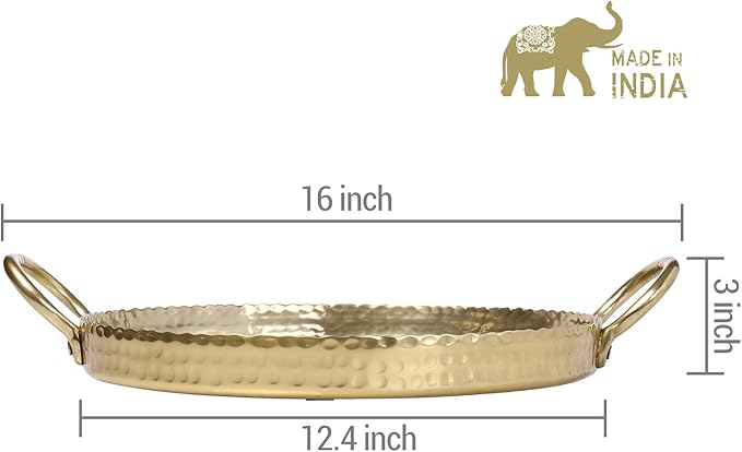 MyGift 12-inch Brass Metal Round Decorative Tray with Handcrafted Hammered Design, Large Centerpiece Display Serving Tray - Handmade in India