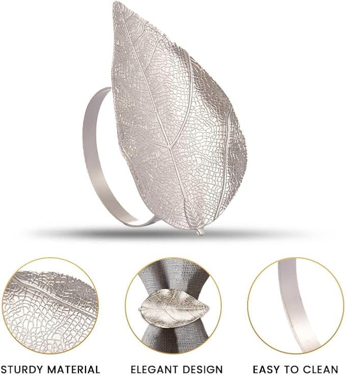 Decozen Set of 16 Silver Napkin Rings in Leaf Design, Festive, Table Decor Setting for Holiday, Wedding, Birthday, Kitchen, Home Decor, Housewarming Gift - Mothers Day Decorations
