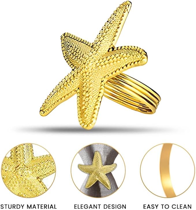 Decozen Set of 8 Gold Napkin Rings in Star Fish Design, Festive, Table Decor Setting for Holiday, Wedding, Birthday, Kitchen, Home Decor, Housewarming Gift - Mothers Day Decorations