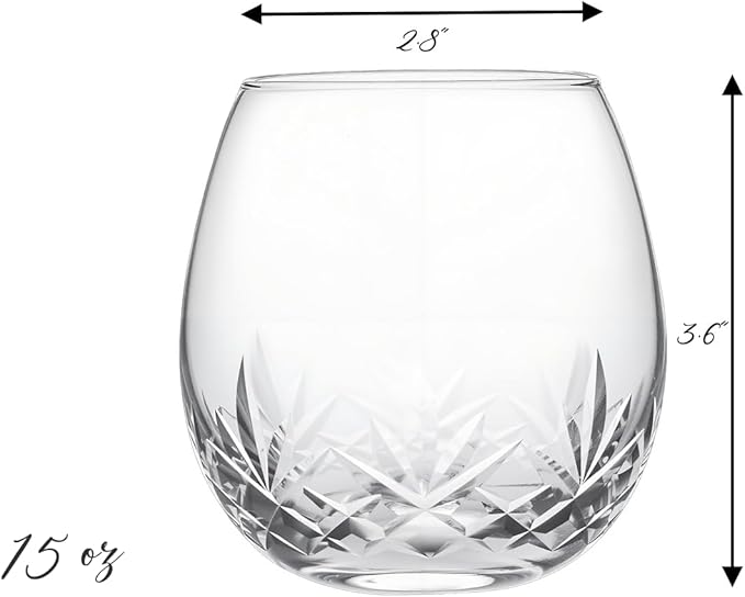 SHOSHIN Hand-Cut Stemless Wine Glasses – Hand Made Lead-Free Crystal Glass (15 Oz, Set of 4) – Ideal Gift
