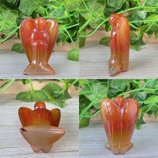 YATOJUZI 2" Red Carnelian Angel Decors Natural Healing Crystals Polished Carved Gemstones Stones Hand Guardian Cute Sculpture Statue Reiki Energy Figurines Home Room Office Desk Decor Gifts for Women