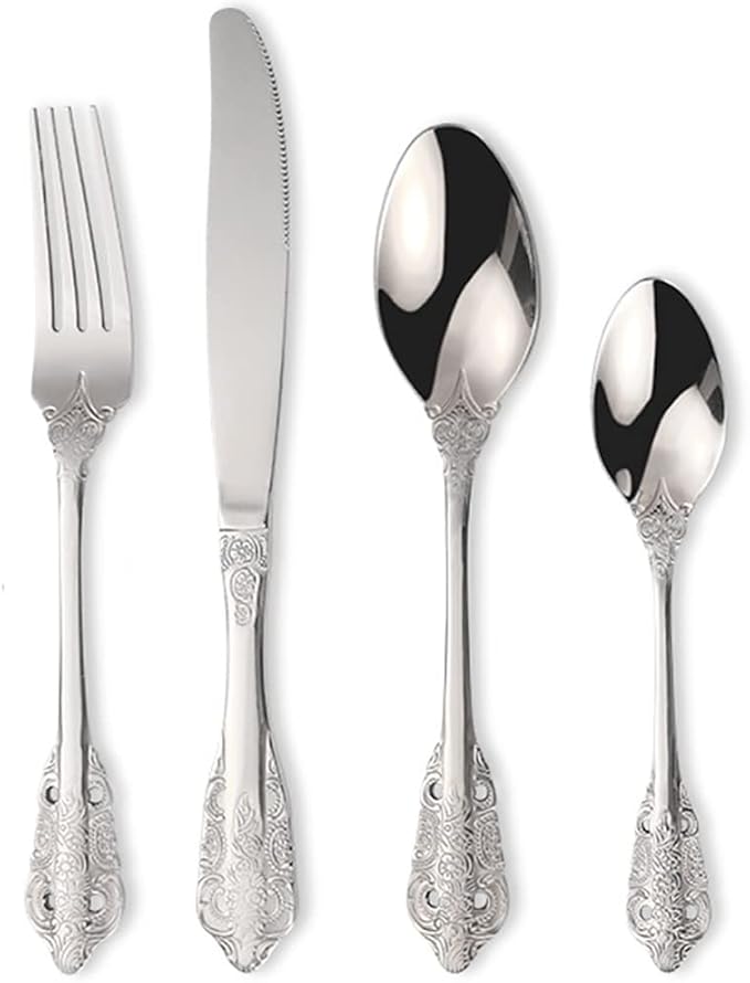 Vintage Silverware Flatware Set for 8, European Classic Style 32 Pieces Stainless Steel Tableware Cutlery Set,Fine Kitchen Utensils for Wedding Restaurant Hotel Christmas