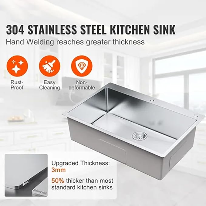 33x22 Inch Drop in Kitchen Sink, 9" Deep Large Top Mount Single Bowl Sinks,Nano Coating Extra-thick Stainless Steel Kitchen Laundry Room Sinks with Accessories Strainer