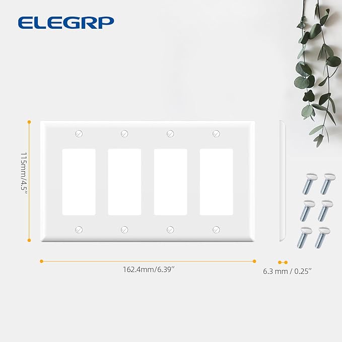 ELEGRP 4-Gang Decorative Wall Plates, Standard Size Unbreakable Thermoplastic Faceplate Cover for Decorator Receptacle Outlet Switch, UL Listed (1 Pack, Glossy White)