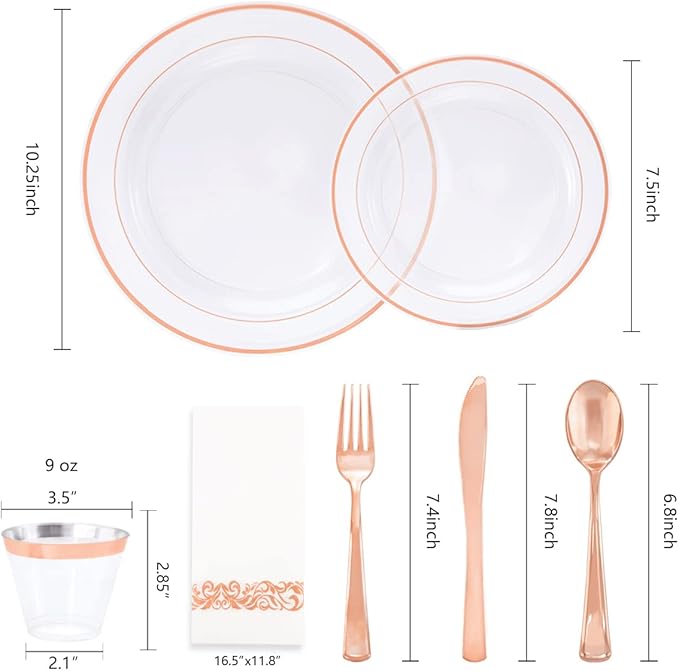 WELLIFE 350Pcs Rose Gold Plastic Plates for 50 Guests - Clear Plates for Party，Disposable Dinnerware Set Includes 100 Rose Gold plates,150 Silverware,50 Napkins,50 Cups for Party and Wedding