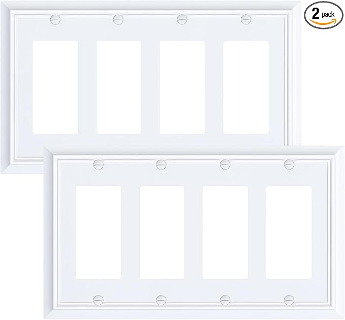 2-Pack Quad Decorator Wall Cover Plate, Pure White Decorative Switch Plates and Outlet Covers, Natural Bamboo Fiber 4 Gang Wall Plate for Electrical Outlets, Receptacle, GFCI Outlet, Dimmer Switch