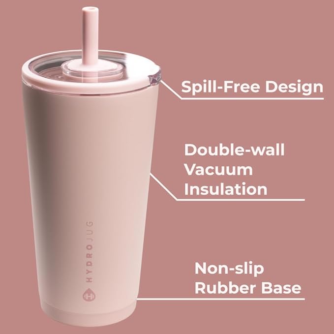 HydroJug Everyday Tumbler 20 oz – Ceramic-Lined Insulated Tumbler with Straw and Soft-Touch Lid, Cup Holder Friendly, Double-Wall Vacuum Insulation, Reusable Travel Cup – Dusty Rose