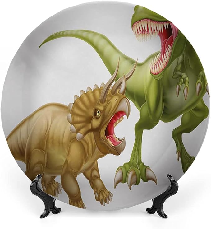 Ceramic Display Plate, Dinosaur Ceramic Hanging Decorative Plate, Rex Versus Triceratops Scaring Each Other, 6 Inch, Household Custom Ceramic Plate, Green Pink Pale Brown