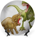 Ceramic Display Plate, Dinosaur Ceramic Hanging Decorative Plate, Rex Versus Triceratops Scaring Each Other, 6 Inch, Household Custom Ceramic Plate, Green Pink Pale Brown