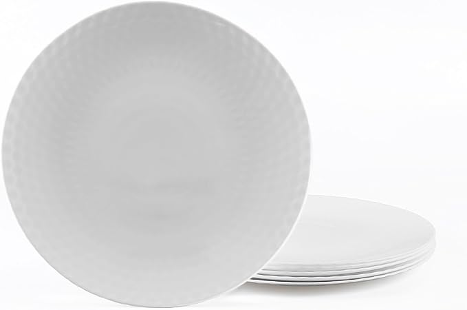 10.5 inch Dinner Plate Set of 6, Round Opal Glass Geometric Faceted White Dinnerware Plates, Dishwasher and Microwave Safe