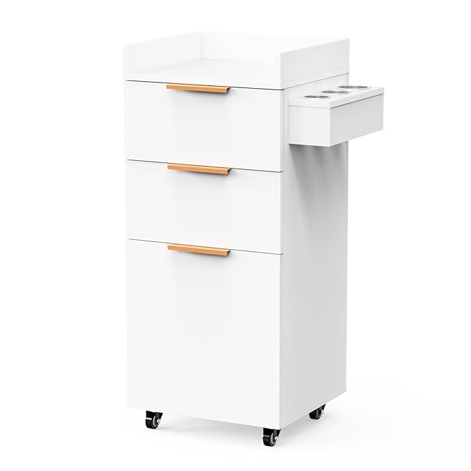 OmySalon Salon Cart with Wheels, 3-Tier Rolling Hair Styling Station, 2 Drawers & Adjustable Shelf, Hair Dryer Holder, Mobile Organizer for Salon, Barber, Spa, Nail & Beauty Tools, White