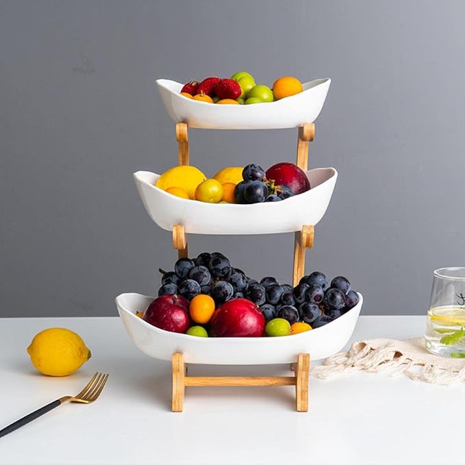 jessie 3 Tier Fruit Basket,Ceramic Large Capacity Tiered Fruit Basket Stand,Bamboo Fruit Serving Tray Snacks Nuts Bread Candy Storage Holder (White porcelain)