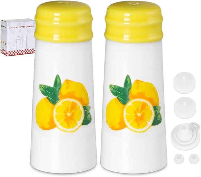 Salt and Pepper Shakers Set - HAPPY KIT 2-Count Ceramic Salt and Pepper Grinder Set with Silicone Lid and Funnel for Table, RV, Camp, BBQ Gift Box Ready (Lemon)