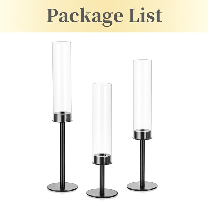 Hewory Black Candlestick Holders Hurricane Candle Holder, 3Pcs Candle Stick Candle Holder Candelabra, Taper Candle Holders with Glass Candle Cover for Wedding Table Centerpiece Christmas Decor