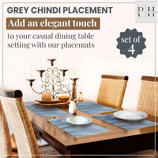 Perilla Home Natural Chindi Jute Placemats Set of 4 Vintage Boho 13x19 Inch Grey Rectangle Table Mats for Kitchen Dining Room Home Decor Banquets Family Gathering Rustic Cotton Stripe Washable Mat
