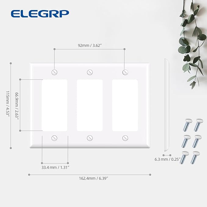 ELEGRP 3-Gang Decorative Wall Plates, Standard Size 4.53" H x 6.39" L Unbreakable Thermoplastic Faceplate Cover for Decorator Receptacle Outlet Switch, UL Listed (1 Pack, Glossy White)