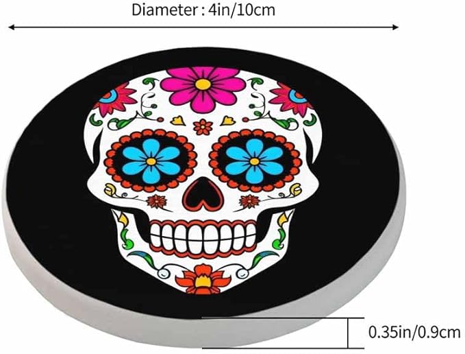 Sugar Skull Round Coaster for Home Coffee Table Human Head Mexican Spooky Skeleton Horror Bone Death Farmhouse Drink Coasters 100% Diatomite 4''X 4''X 0.35'' Printed Pattern