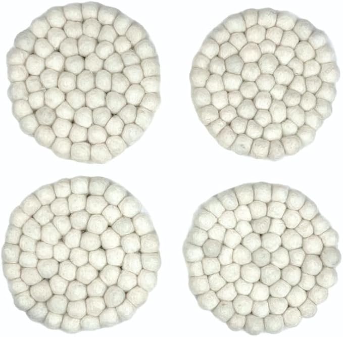 Humble Hilo Handmade Felt Coaster, 3.9 inches, Set of 4 (White)
