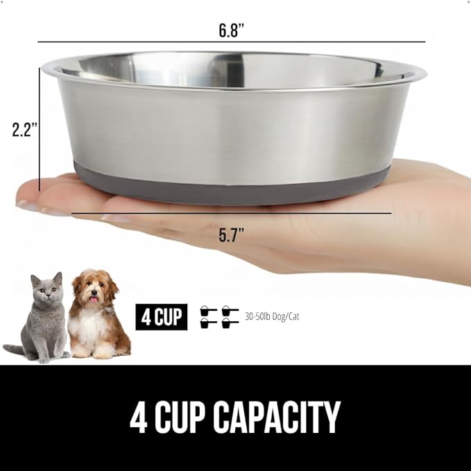GORILLA GRIP Dog Bowls, Holds 4 Cups Each (32 fl oz), Heavy Duty Stainless Steel Food and Water Bowl for Feeding Dogs and Cats, Dishwasher Safe, Rust Resistant, BPA Free Rubber Base, Set of 2 Gray