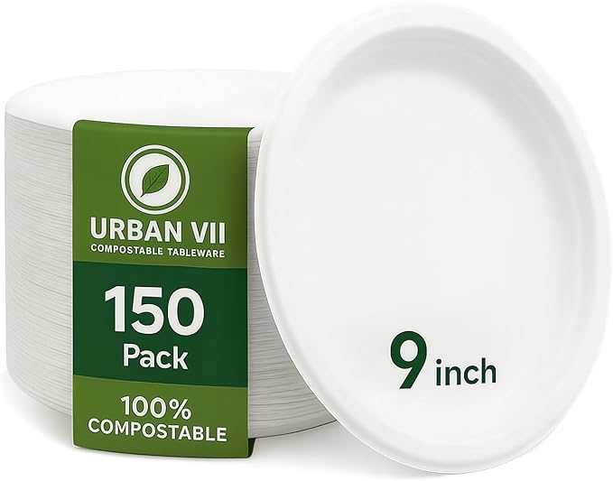 9-Inch Compostable Paper Plates – Heavy-Duty Disposable Bagasse (Sugarcane Fiber) Plates, Eco-Friendly Biodegradable Dinnerware, Microwave-Safe & Leak-Proof (150-Pack)